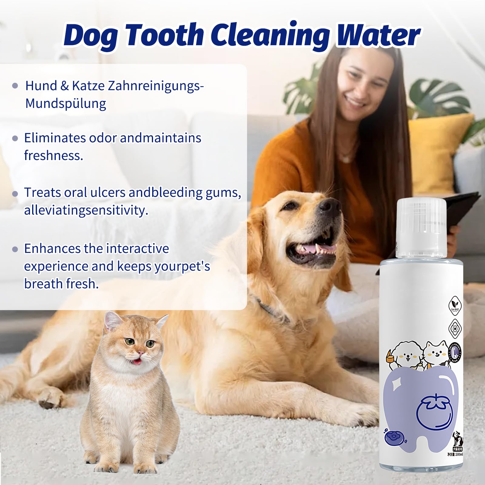 Collutorio per cani e gatti, 200 ml, con spazzolino da denti, soluzione per la cura dei denti per animali domestici, per l'igiene orale quotidiana in acqua potabile, per alito fresco e cura orale