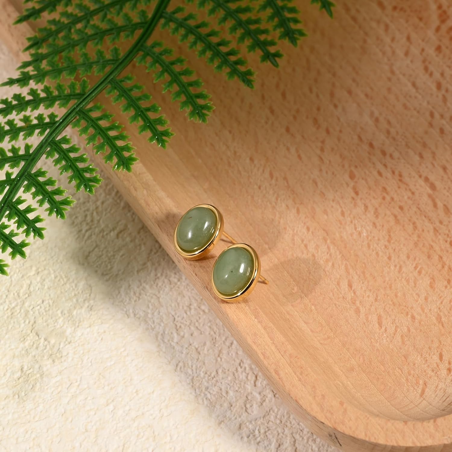 14K Gold Plated Edged Jade Stud Earrings Light Green Oval Jade Earrings for Women Jade Jewelry for Valentines Day Birthday Anniversary Gifts - Image 5