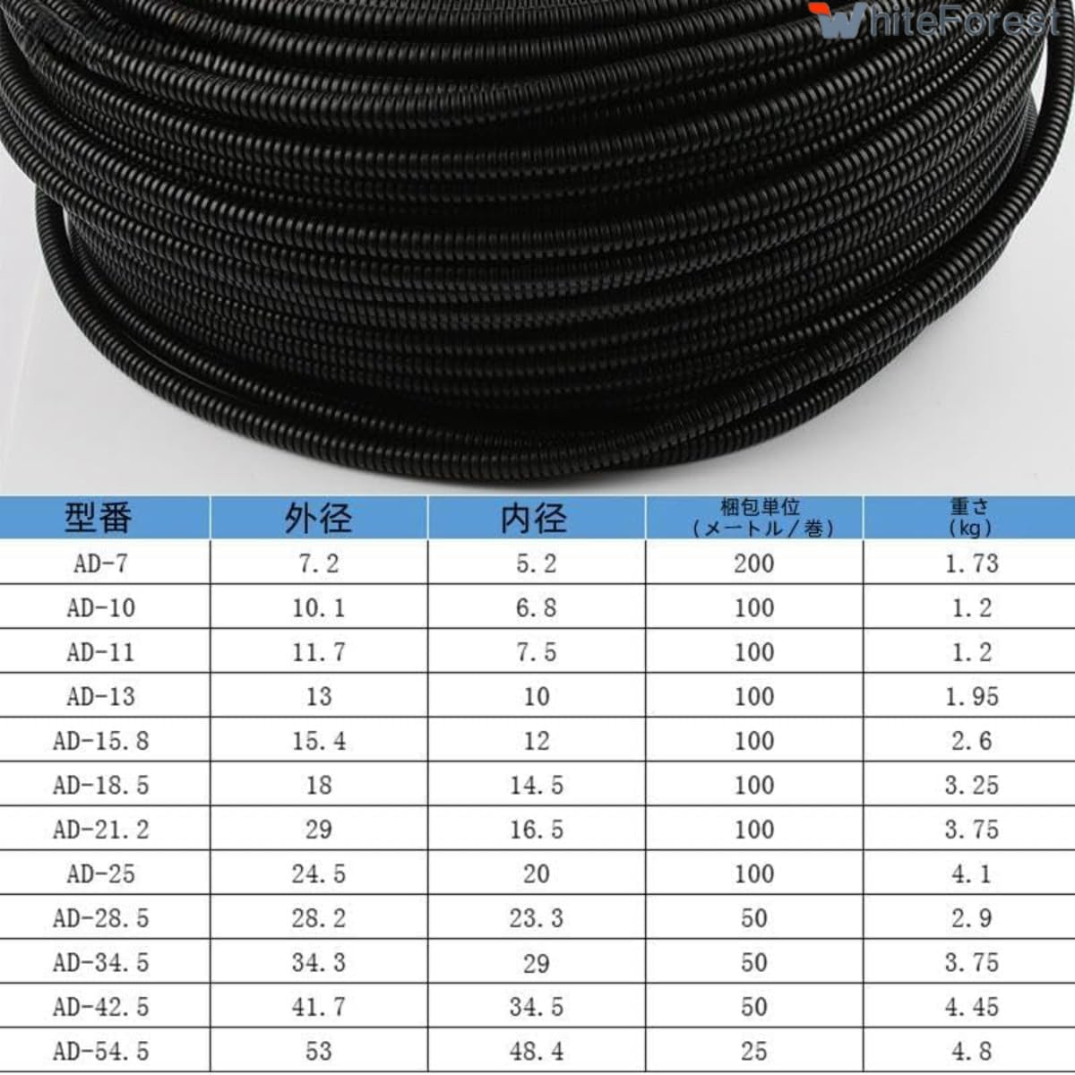 WhiteForest 配線チューブ コルゲートチューブ (ケーブル保護 コード カバー) (PE厚みAD-42.5（閉口）25 m
