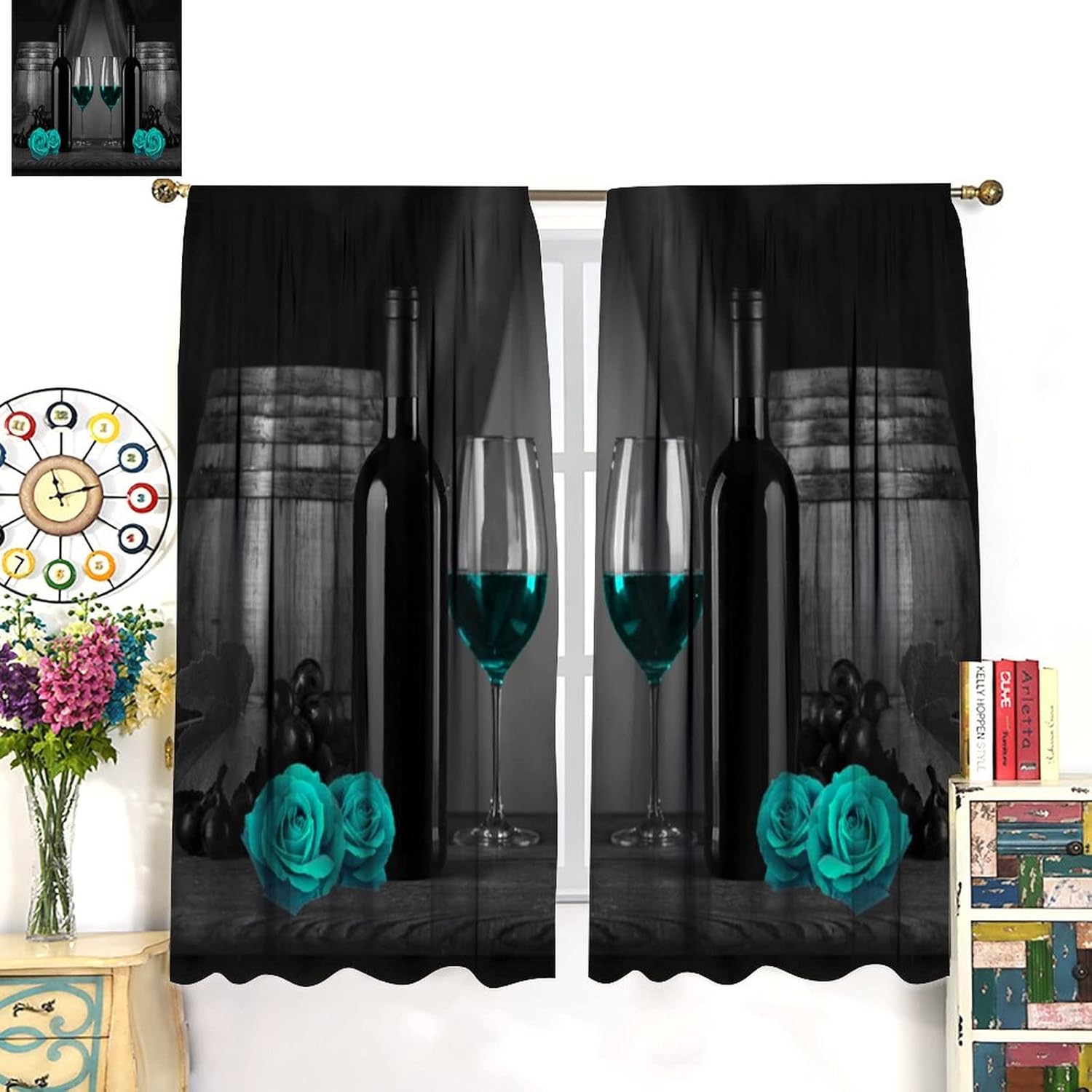 Blue Wine Blackout Curtains,Romantic Blue Rose Flower Woman Lover Window Drapes,Vintage Rustic Cellar Wooden Table Black Teal Grape Wine Curtains for Kitchen Bedroom Living Room Cafe 42x45 Inch