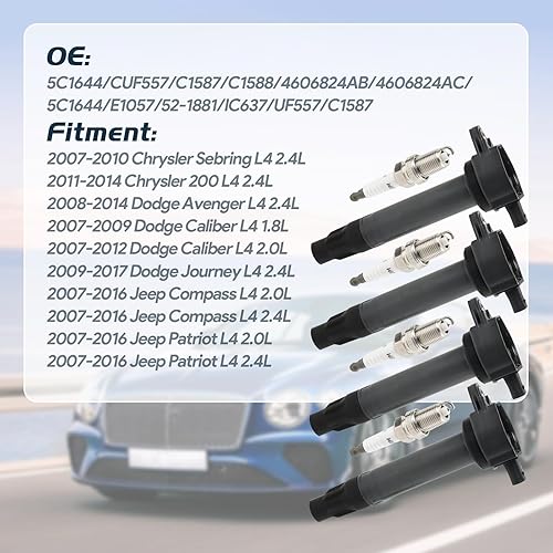 Miniatura 2 de yeedaky Paquete de 4 bobinas de encendido UF557 + 4 bujías de iridio ZFR5FGP para Dodge Journey Caliber y Jeep Compass Patriot L4 2L 2.4L Bobina de