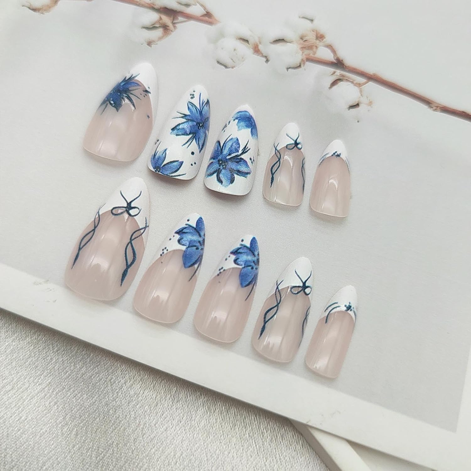 White French Tip Press on Nails Medium Almond Fake Nails with Flower Bow Designs Blue Nails Press ons Glossy Glue on Nails Artificial False Nails Summer Stick on Nails for Women 24Pcs