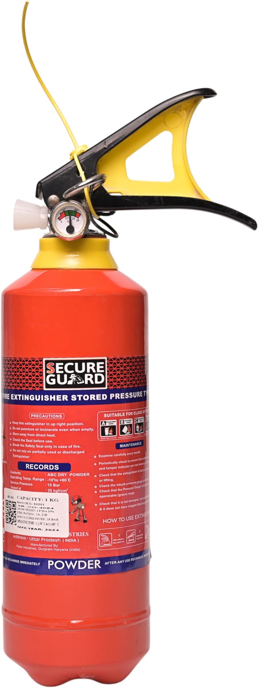 Secure Guard ABC Powder Type 1 Kg Fire Extinguisher Red Fire Extinguisher ISI Mark with Wall Mount Hook and How to use Instruction Manual for Home, Kitchen, Office, School and Industrial Use