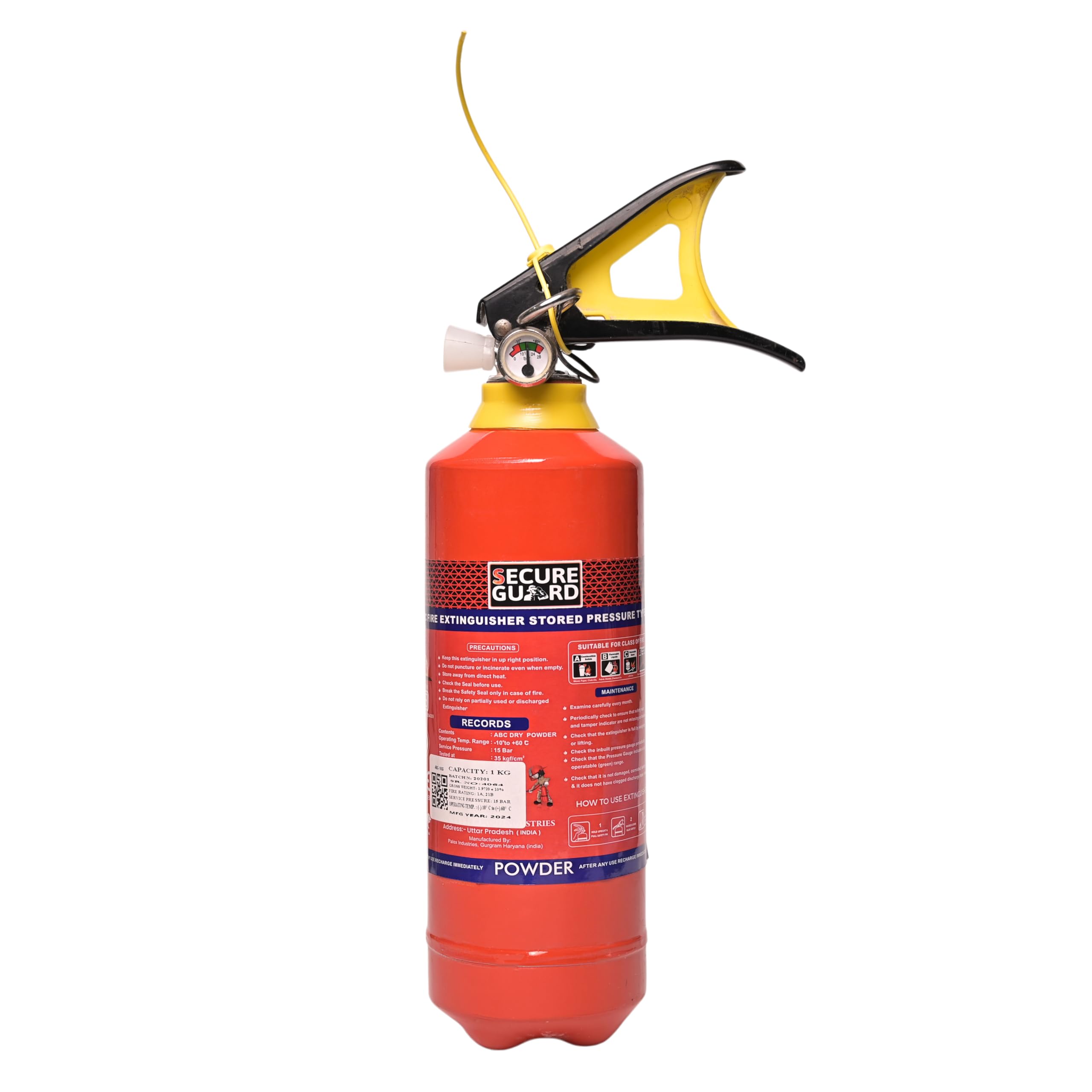 - Secure Guard ABC Powder Type 1 Kg Fire Extinguisher Red Fire Extinguisher ISI Mark with Wall Mount Hook and How to use Instruction Manual for Home, Kitchen, Office, School and Industrial Use
