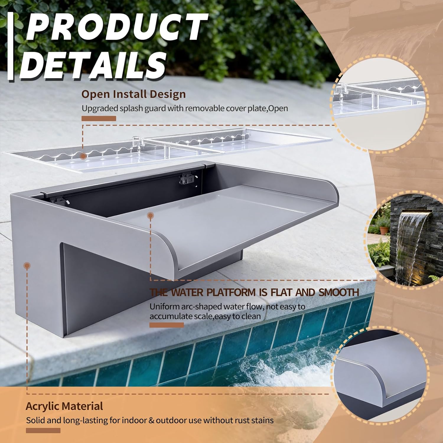 Pool Fountain, Transparent Acrylic Pool Waterfall Spillway with Pipe Connector Kits for Indoor/Outdoor Decorative, 11.8 Inches Pool Water Feature for Garden Patio, Backyard Koi Pond Decor