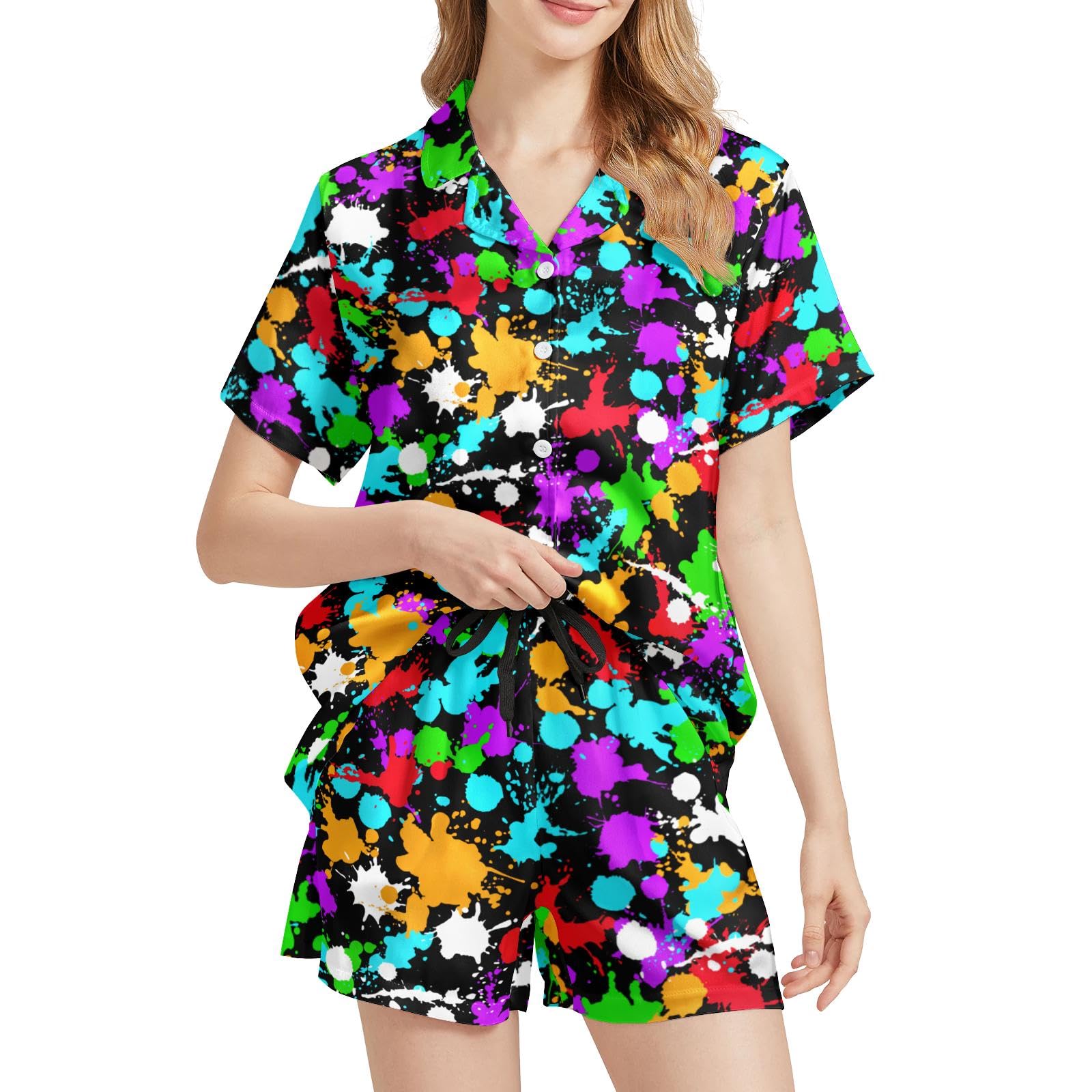 Funny Pajamas for Women Set Print Satin Loungewear Pjs Short Sleeve Button Down Top and Shorts Sets Sleepwear XS-3XL