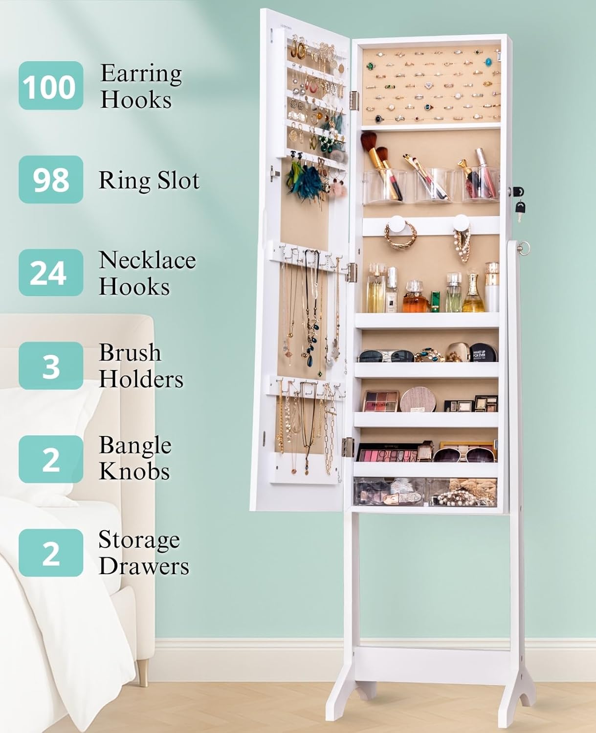LUXFURNI LED Mirror Jewelry Cabinet Standing Jewelry Armoire, 60" Full Length Mirror with Jewelry Storage, 3 Color Modes, 3 Adjustable Angles, Lockable Jewelry Organizer Mirror, White