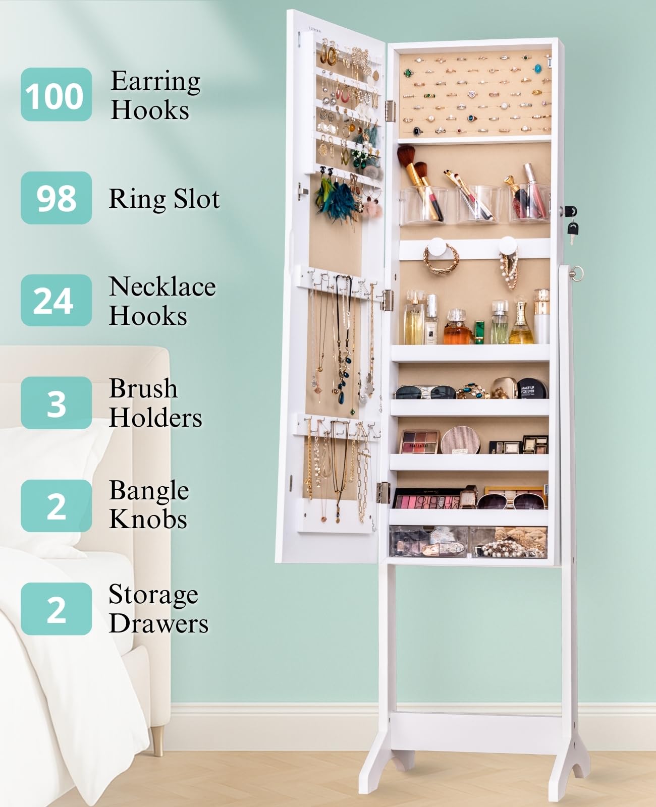 LUXFURNI Miroir LED sur pied, armoire à bijoux, miroir pleine longueur avec rangement de bijoux, 3 modes de couleur, 3 angles réglables, miroir de rangement verrouillable, blanc