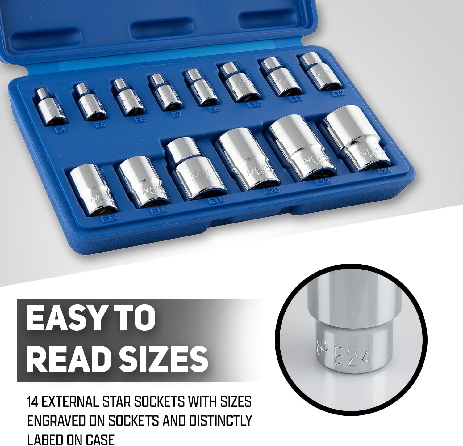 Neiko 04300A E-Torx Socket Set, 14 Piece, External Torx Socket, E4 to E24, 1/4”, 3/8” and 1/2” Drive, Female Star External Torx, Inverted Torx Socket Set, Cr-V Steel
