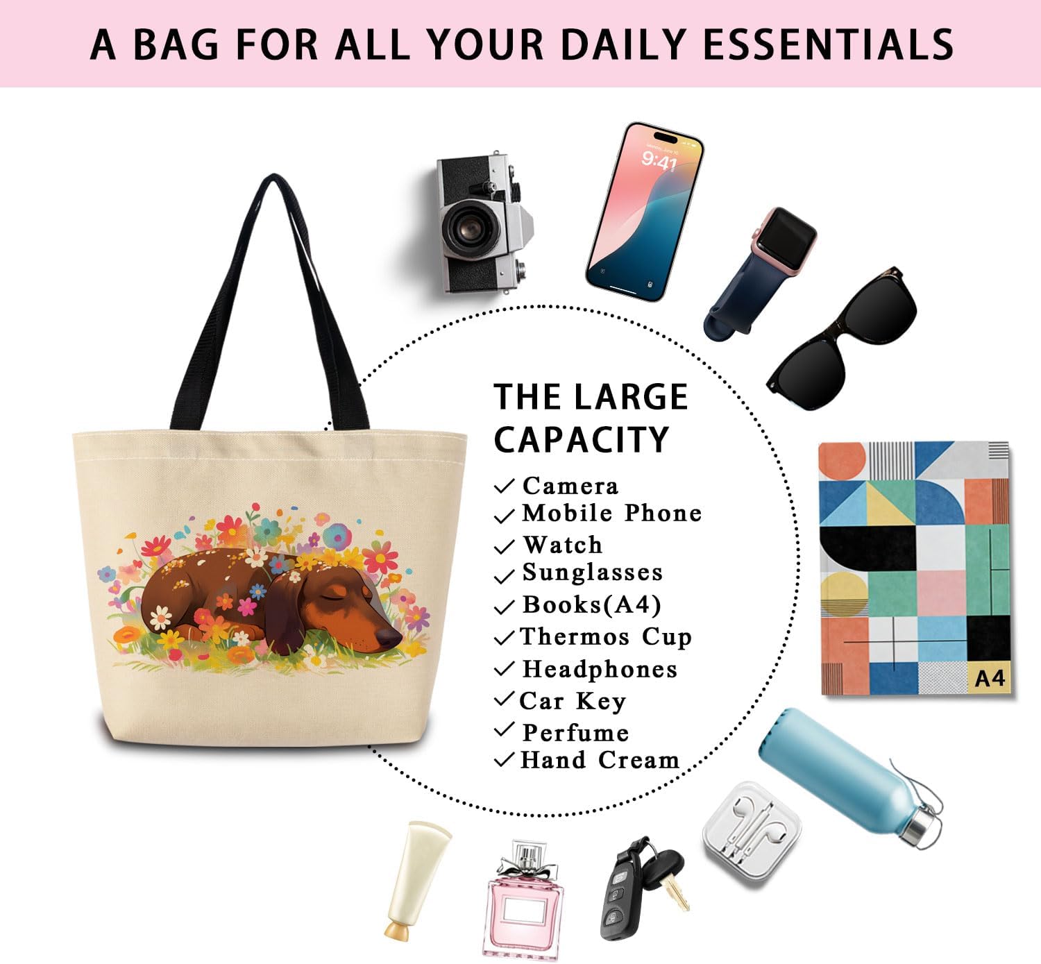 Floral Dachshund Tote Bag Reusable Grocery Bags Aesthetic Shopping Shoulder Handbag with Interior Zipper Pocket Stylish Floral Dachshund Present for Dog Lovers Women - Image 7