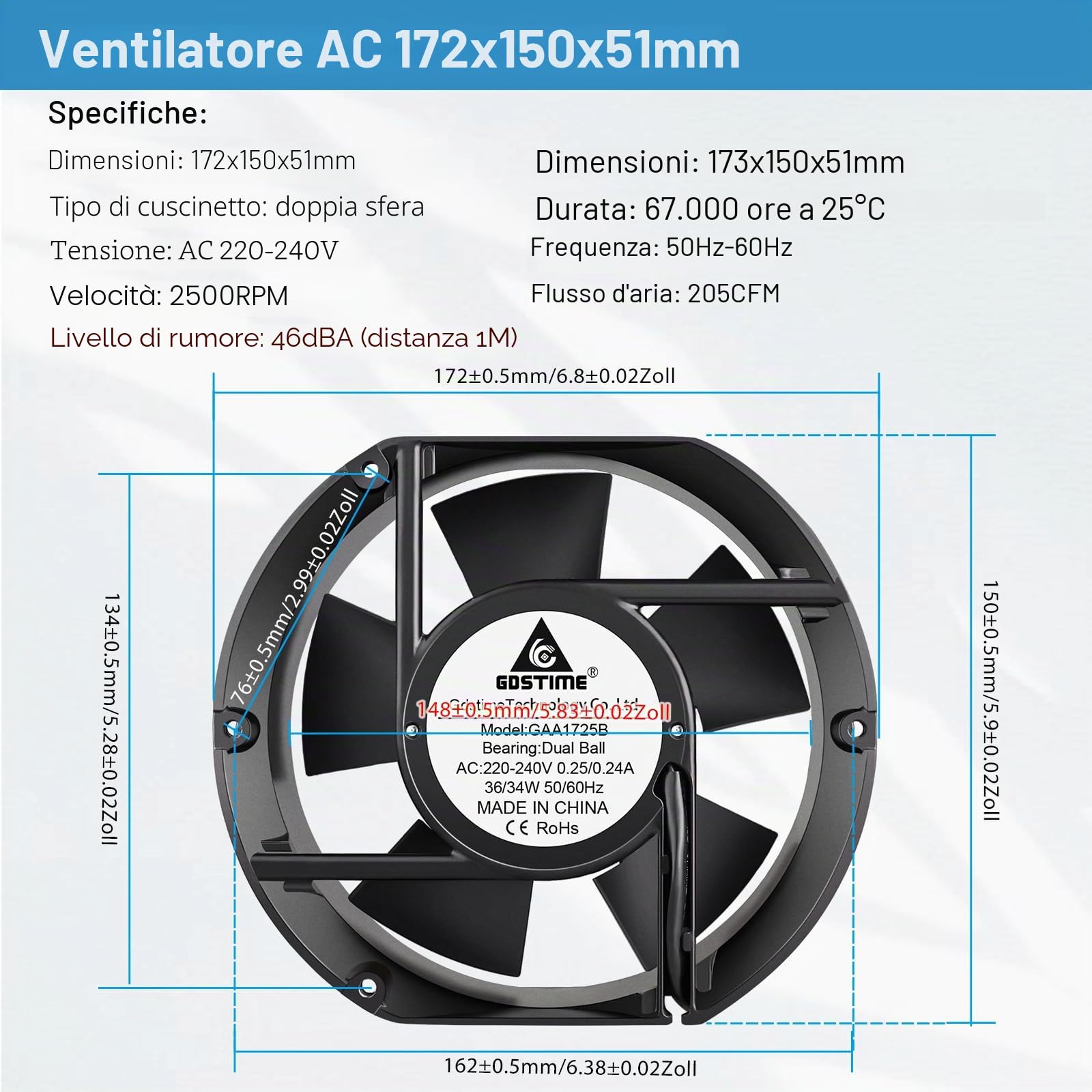 GDSTIME Ventola assiale da 230 V, 172 mm x 150 mm x 51 mm, 220 V AC, doppio cuscinetto a sfera, grande flusso d'aria per PC, computer, laptop, raffreddamento