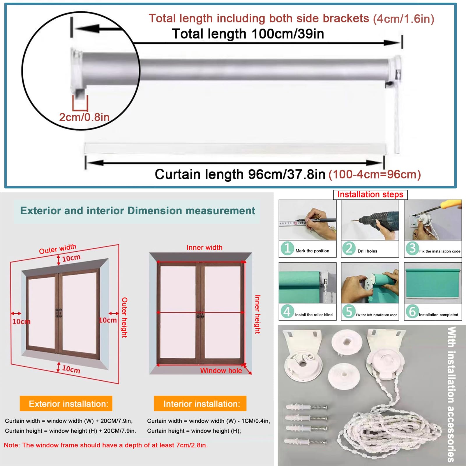 Transparent Wasserdichtes Roll-Up-Rollo für Veranda-Pavillon,mit Zubehör (W110xH180cm)