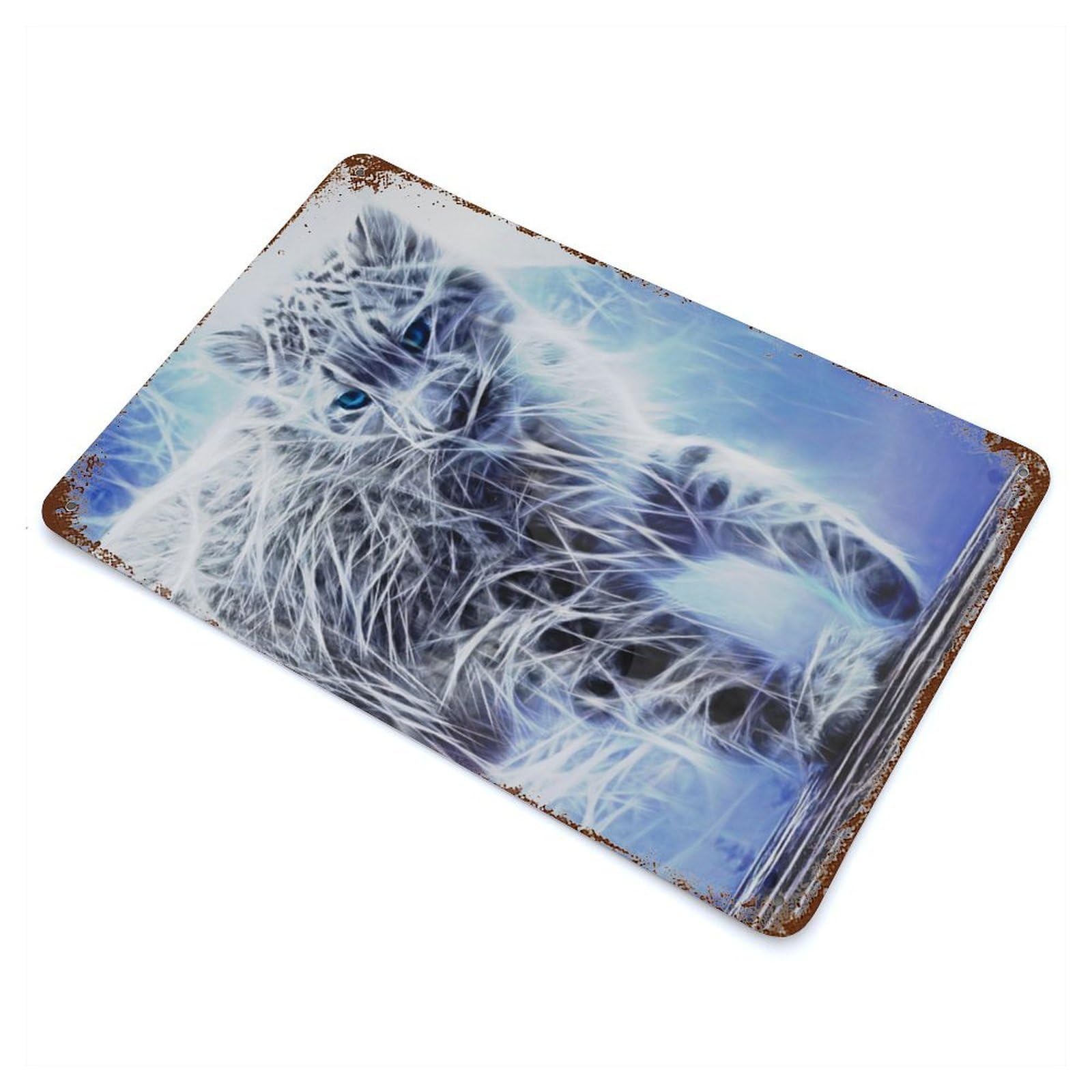 Snow Leopard Cat Fractal Aged Metal Wall Plaque 11.8"x7.9", Ideal for Garage, Bar And Workshop Decor