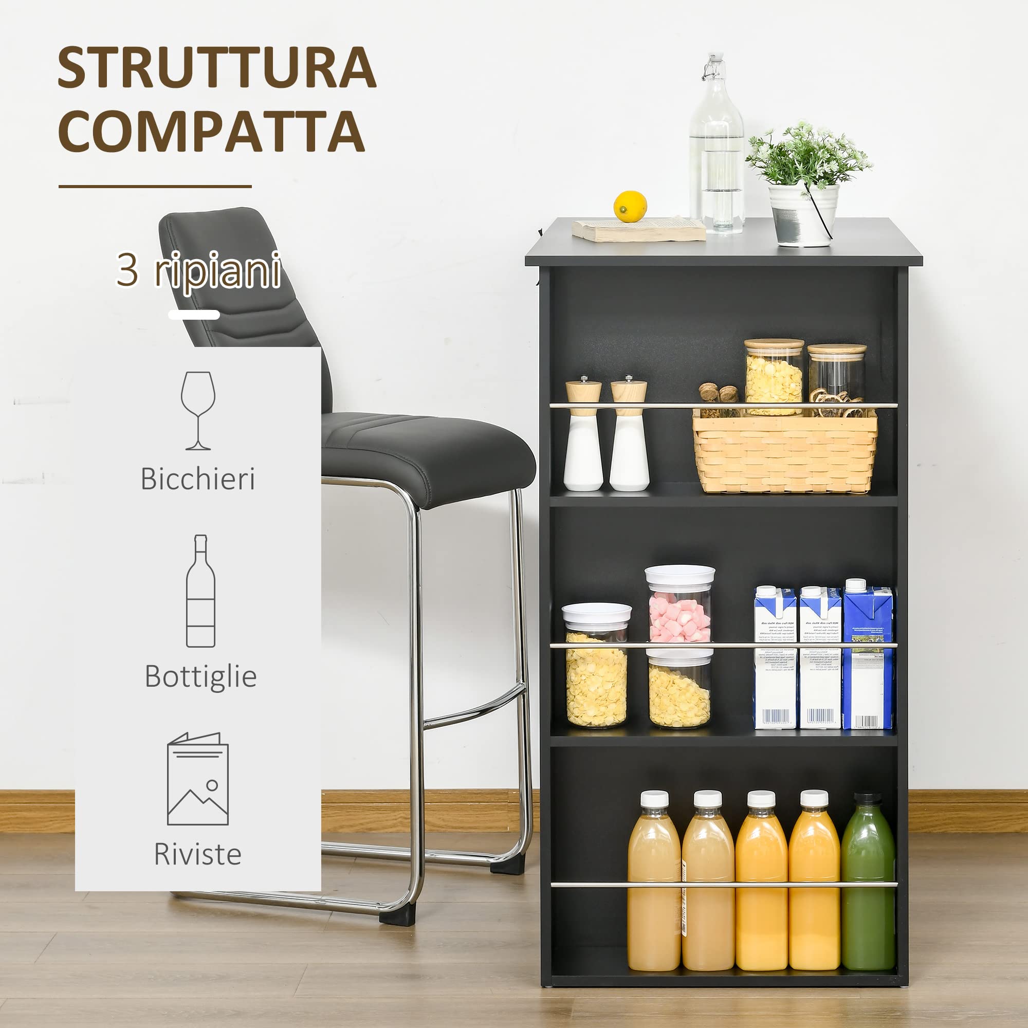 HOMCOM Bancone da Cucina Tavolo Alto con 3 Mensole in Legno, Arredamento Moderno Casa e Bar, 112x57x106cm, Nero