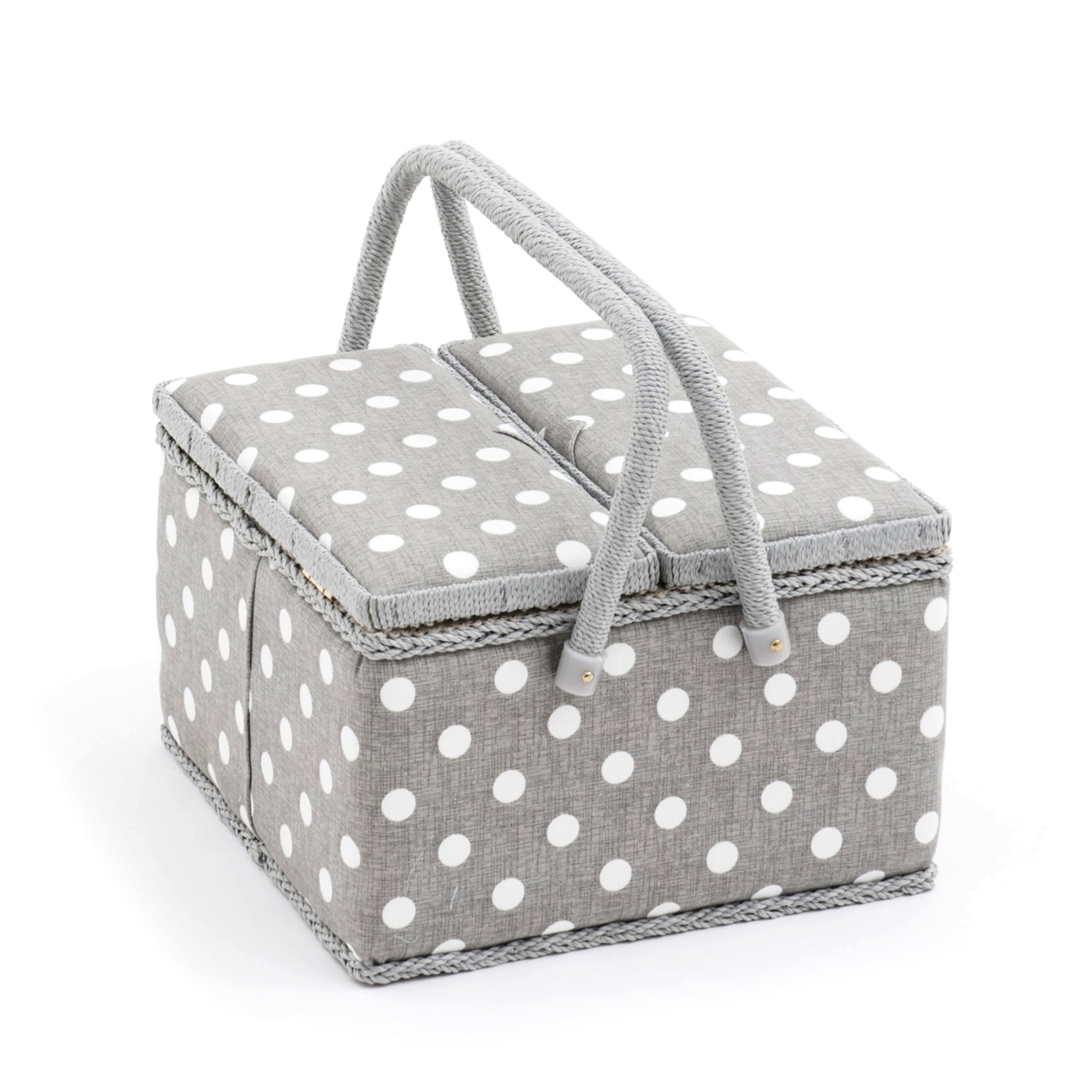 Hobby Gift Caja de Costura Grande con Doble Tapa y Asa, Cesta de Algodón con Compartimentos para Herramientas, 25 x 25 x 17 cm, Lunares Gris
