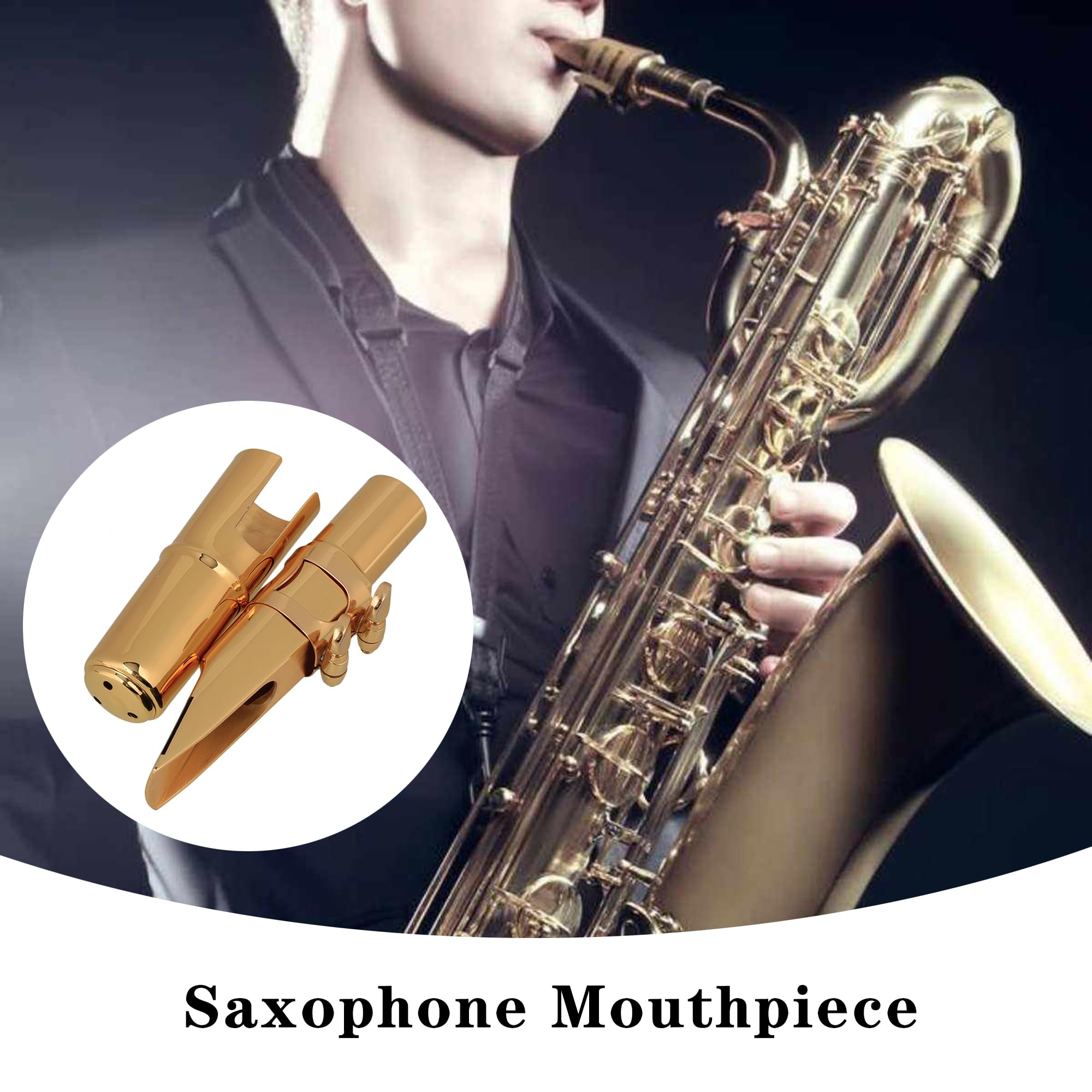 Yibuy 2 piezas 6# Tenor B Boquilla plana para saxofón dorado para principiantes con correa para el cuello para amantes de la música