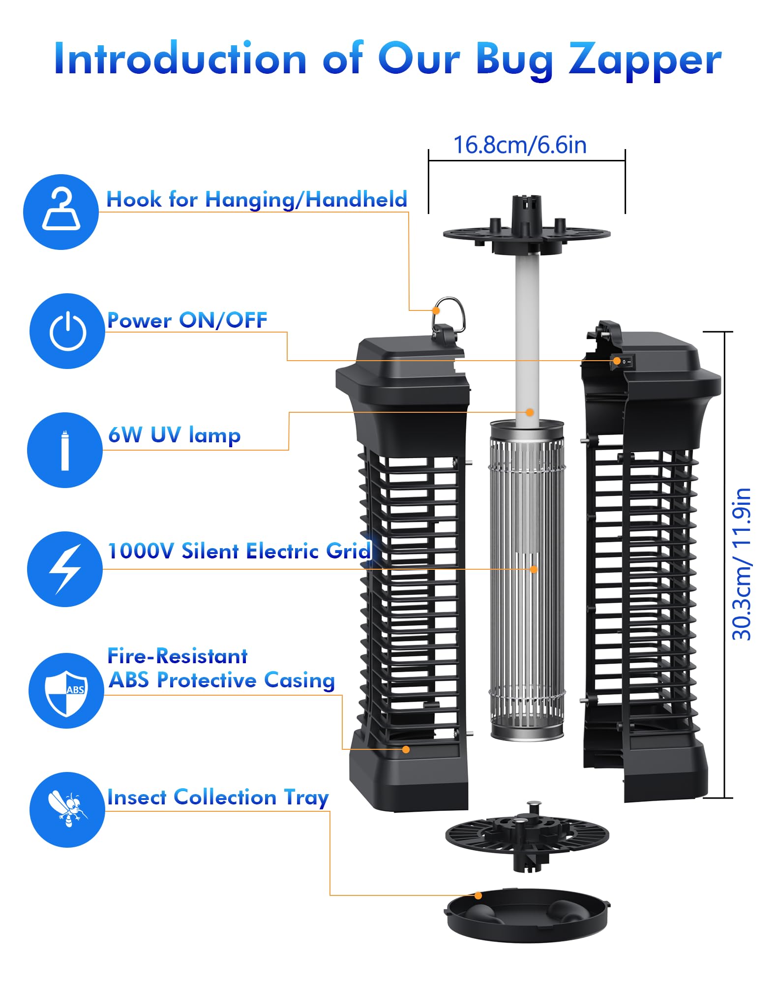 Lampara Antimosquitos Electrico, 6W Mata Mosquitos Electrico Alcance Efectivo de 30m², Mata Insectos Eléctrico con Interruptor y Cable 1,2 m, Eficazmente los Insectos Voladores para Uso en Interiores