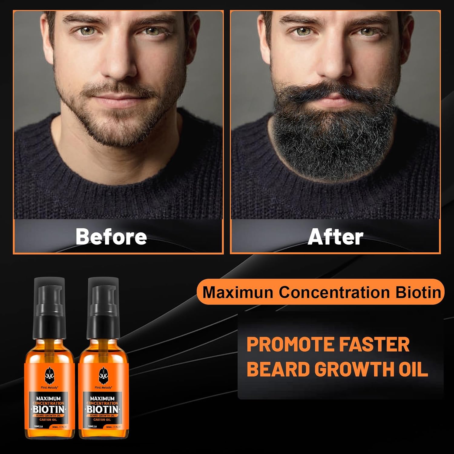 First Melody Beard Oil,Maximun Thickening Biotin, with Castor Oil and Argan & Jojoba Oils, Promotes Beard Growth, Styles, Strengthens & Softens Beards & Mustaches,1 Ounce*2（2 Pack）