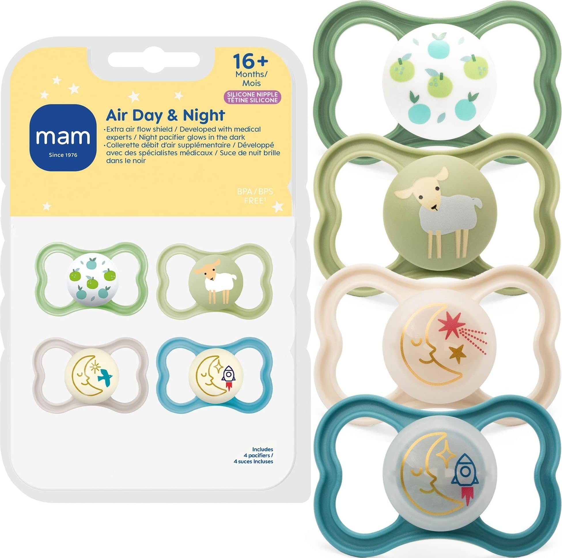 MAM Air Pacifier 16+ Months, Extra Air Flow for Sensitive Skin, 4 Pack | Glows In The Dark, Developed With Medical Experts, BPA-Free Skin Soft Silicone, Made In Europe