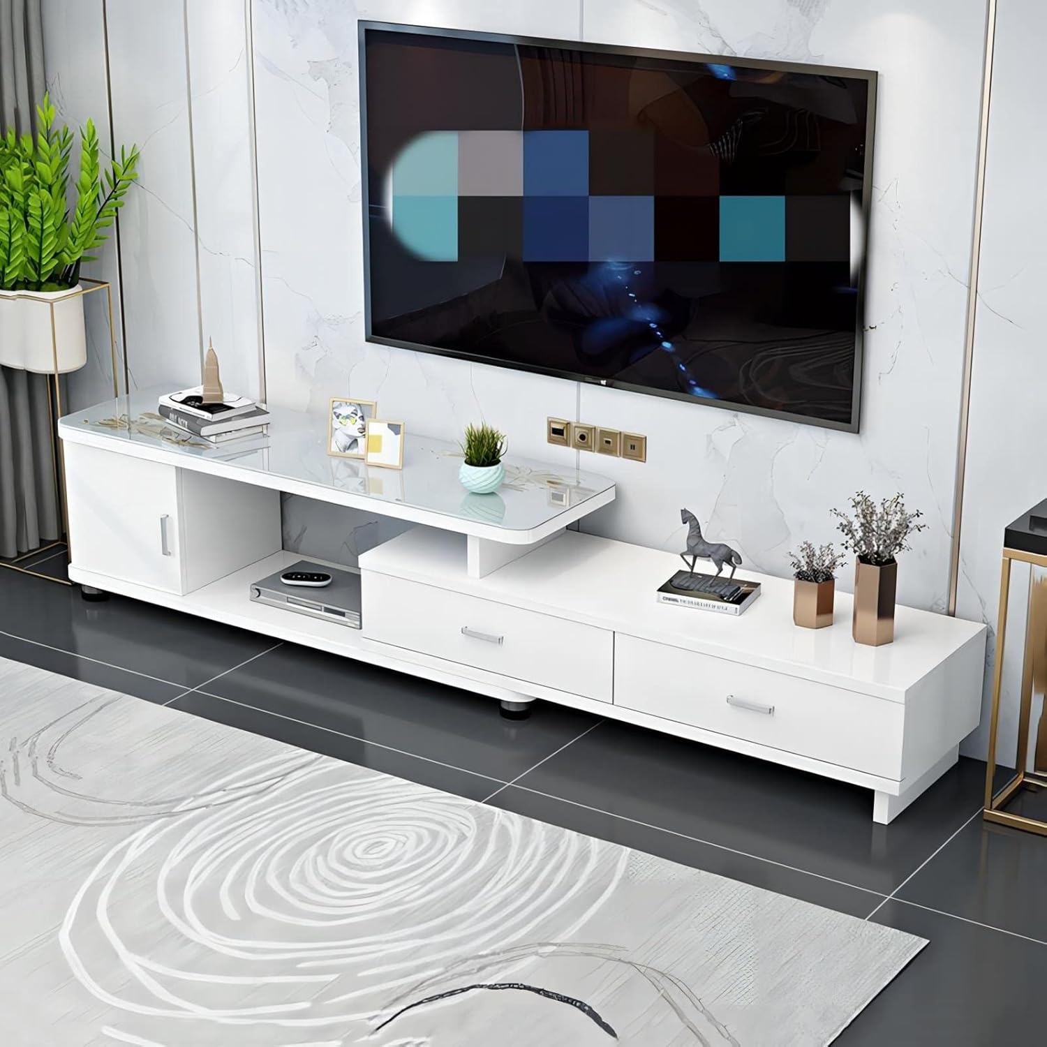 Modern TV Stand with Shelf and Storage Drawers Tempered