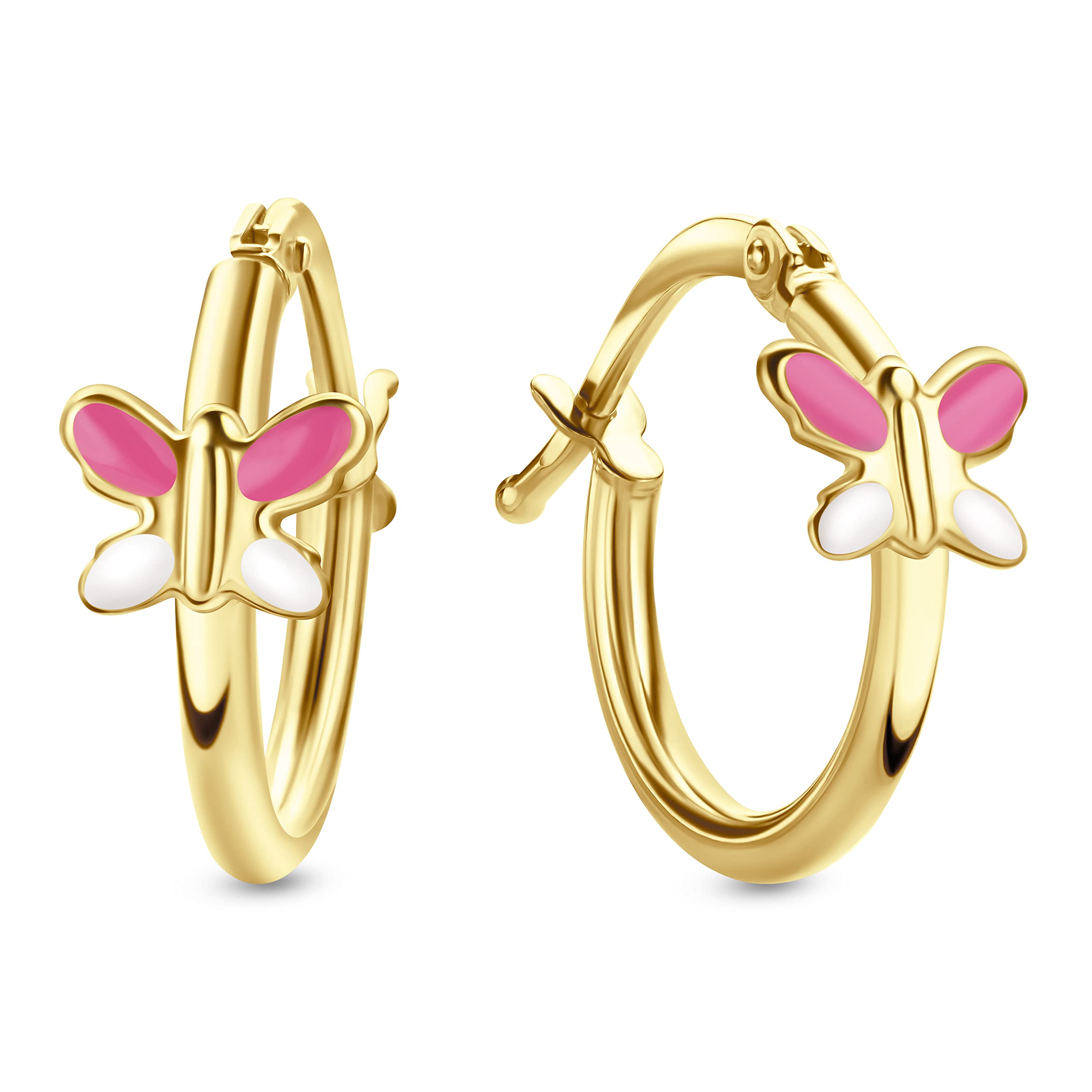 MIOREKids pendientes de aro redondo y mariposas rosas en oro amarillo de 9 kt 375 ⌀ 14 mm