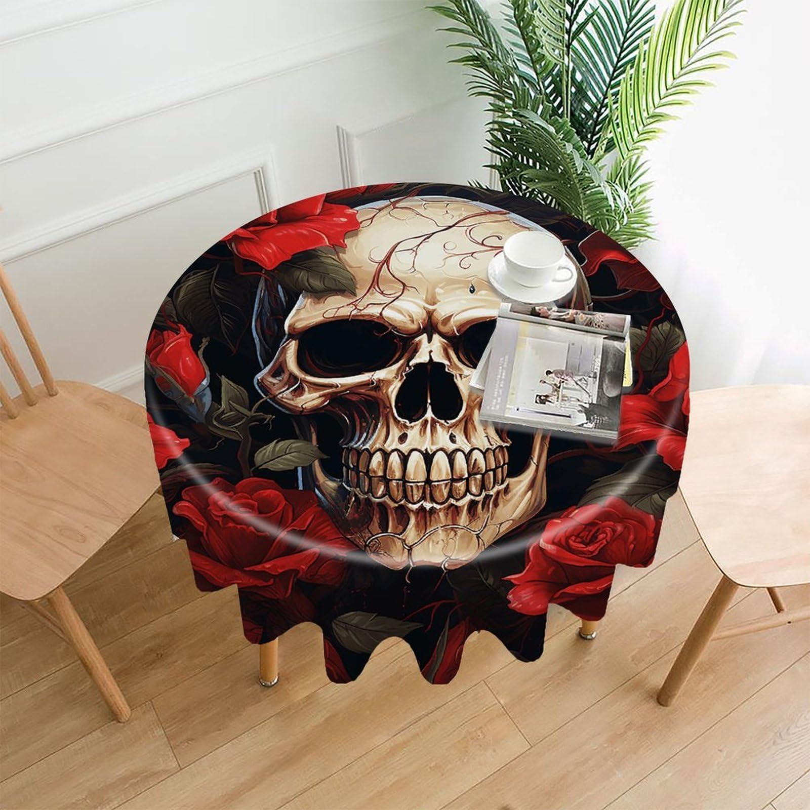 VstaDank Skull Rose-Red Tablecloth Easy to Clean Polyester Round Table Cover Washable Round Table Cloth Wrinkle-Free Circle Decoration Tablecloth for Kitchen Dining Room 60"