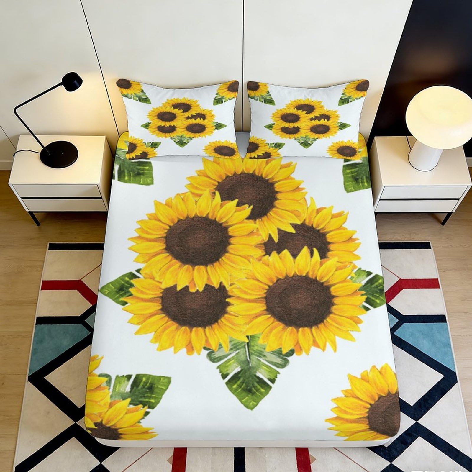 3D Printed Sunflower Fitted Sheet Microfiber Soft Breathable Floral Bed Cover for Bedroom Dormitory Guest Room Mattress Protection Decor 200x200x25cm