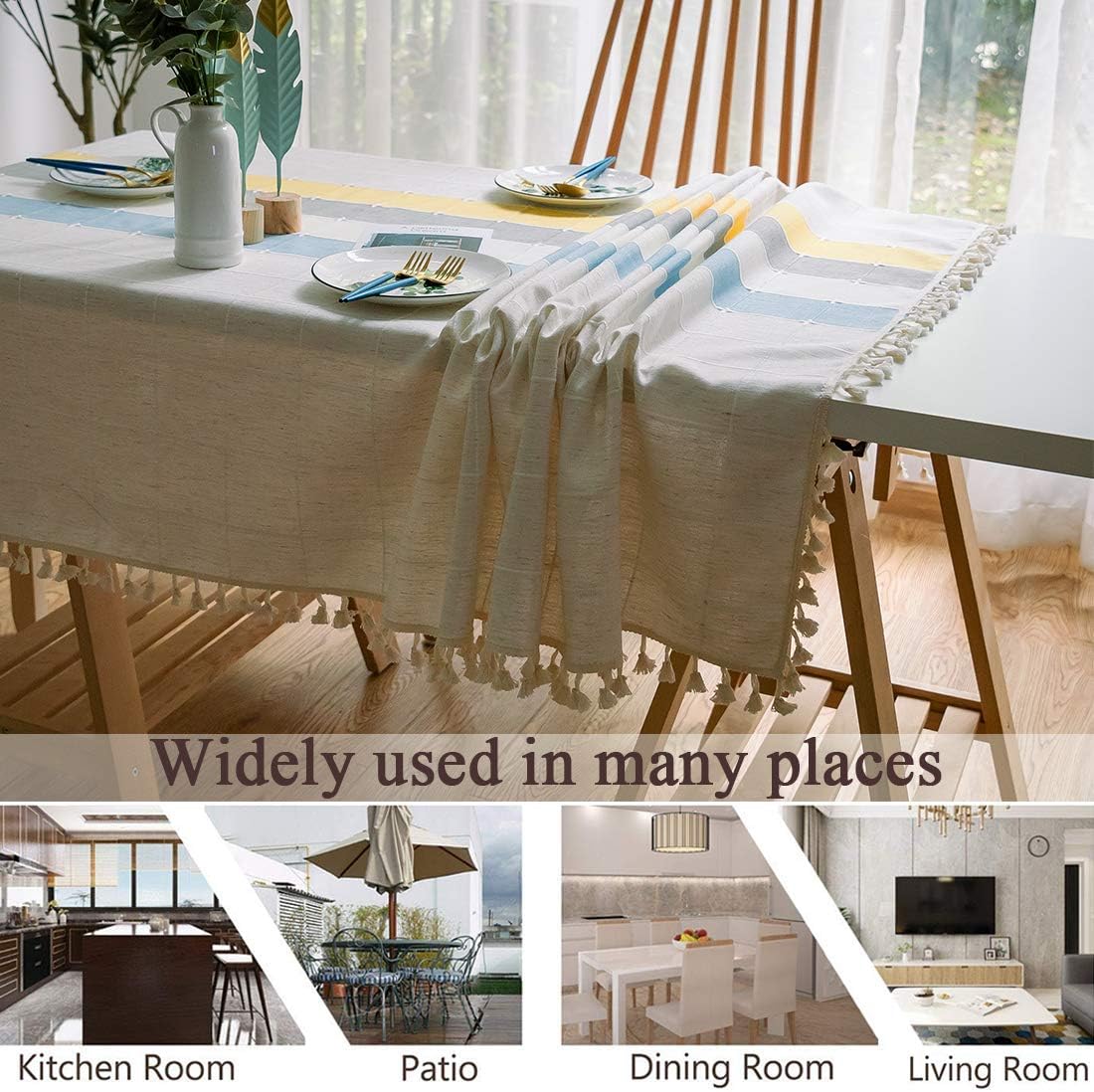 smiry Rustic Farmhouse Linen Tablecloth, Embroidered Burlap Table Cloth with Tassel, Wrinkle Resistant Dining Room tablecloths for Rectangle Tables, 55 x 86 inches, Yellow