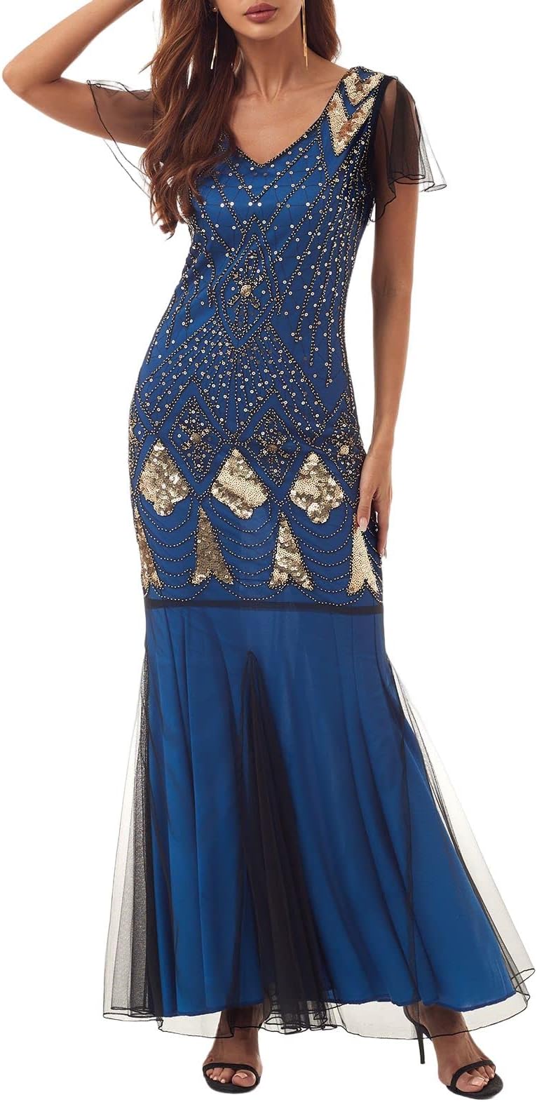 QIZATAHWedding Guest Flapper Dresses for Women 1920s Short Sleeve Mermaid Evening Gowns Cocktail Gatsby Maxi Long Dresses