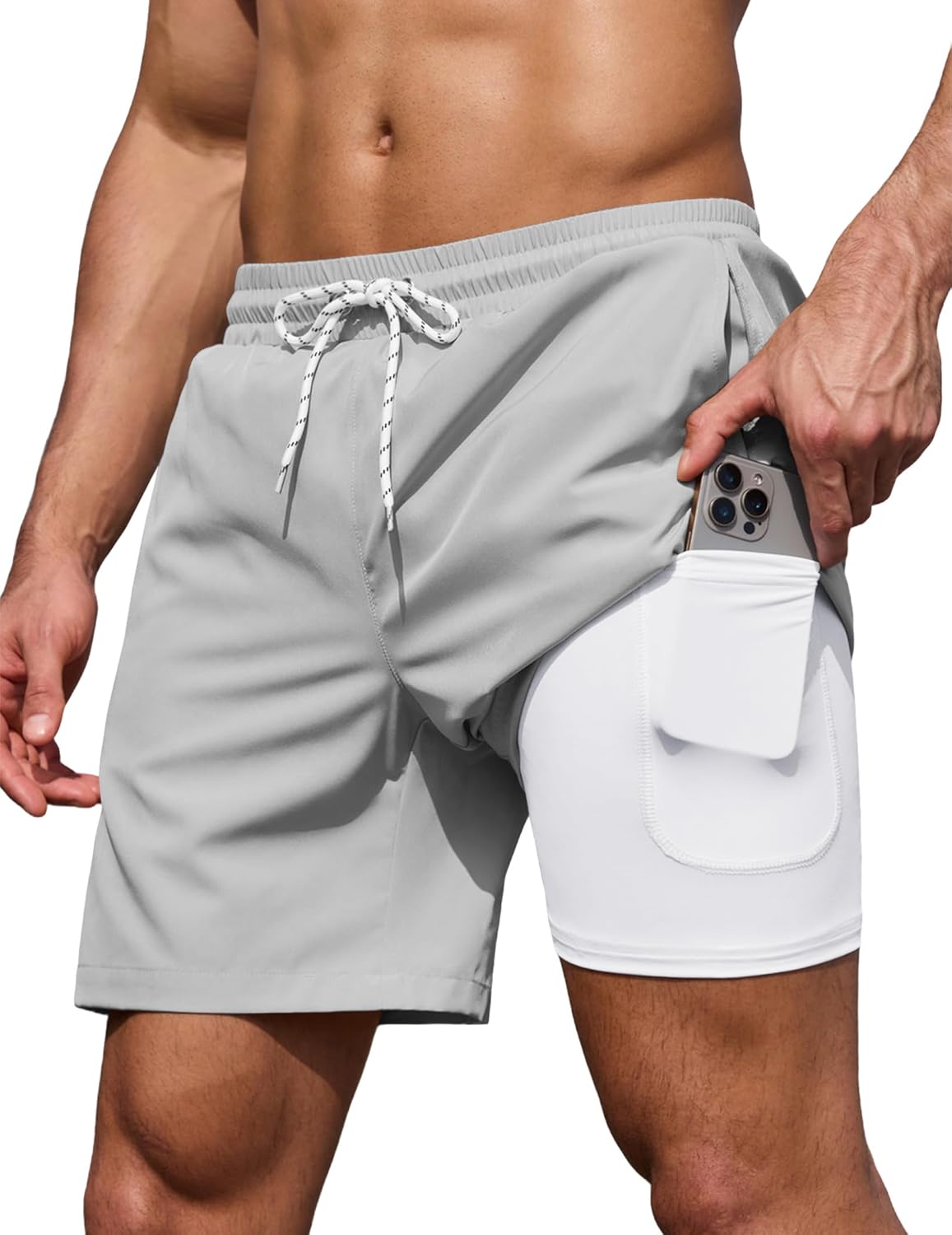 COOFANDY Men's 7" Swim Trunks with Compression Liner Stretch Swimming Shorts with Zipper Pockets