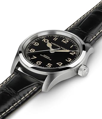 Hamilton Khaki Field Murph Automatic Men's Watch, 38mm Stainless Steel Case, Swiss Made, Black Dial Analog Wrist Watch for Men, 100m Waterproof, Sapphire Crystal, 3-Hand Movement, Cow Leather Strap