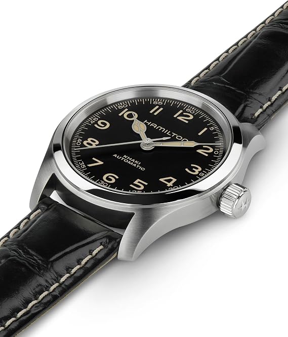 Hamilton Khaki Field Murph Automatic Men's Watch, 38mm Stainless Steel Case, Swiss Made, Black Dial Analog Wrist Watch for Men, 100m Waterproof, Sapphire Crystal, 3-Hand Movement, Cow Leather Strap