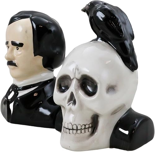 Miniatura 7 de Ebros Gift Poeta gótico Edgar Allen Poe con cuervo negro en el cráneo decorativo de cerámica salero y pimentero Figuritas Quoth The Raven Nevermore