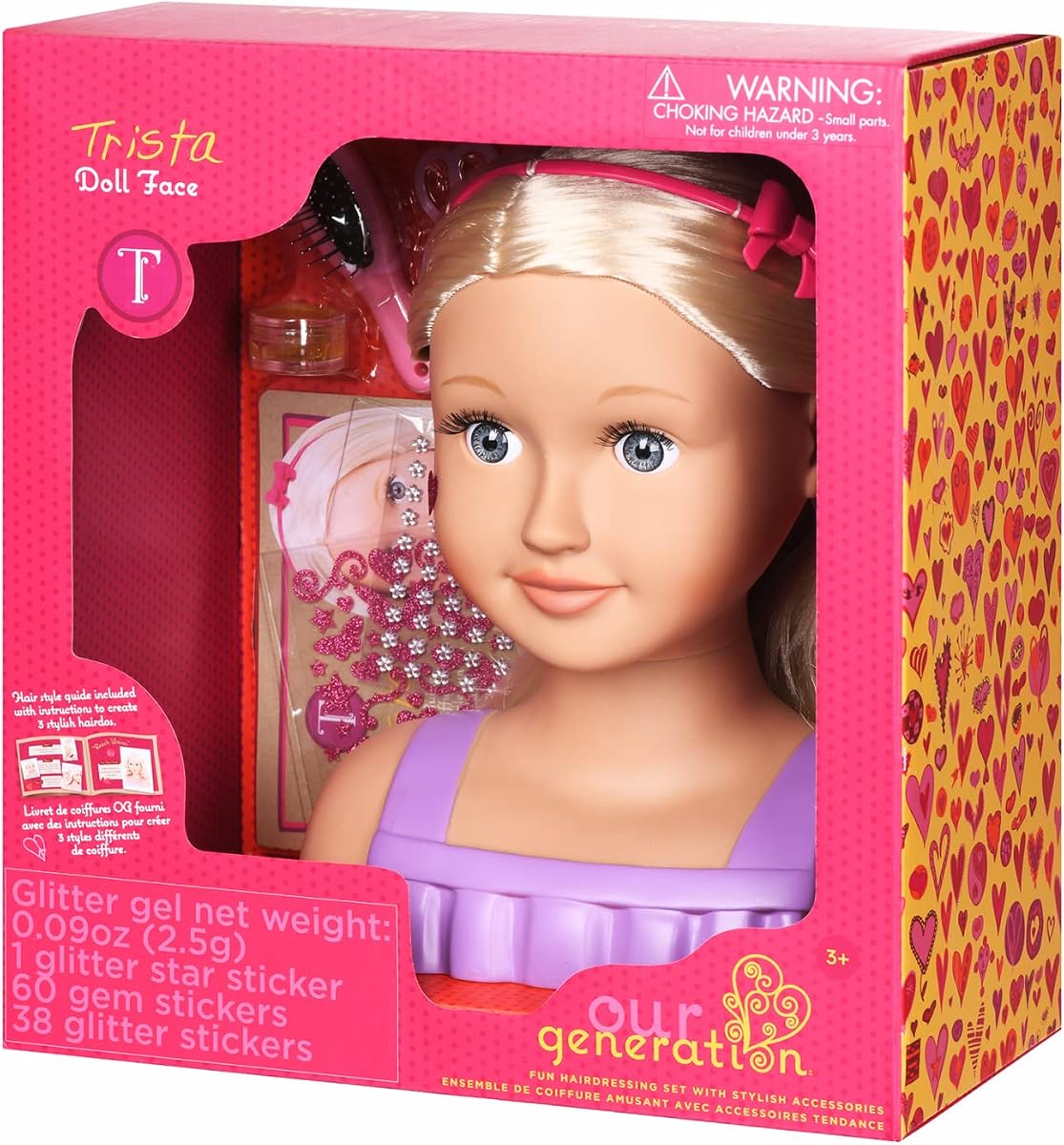 Nuestra generación de muñecas Styling Head Trista, cabello rubio, juguete de ojos azules, muñecas | Cabezal de peinado de 9 pulgadas con cepillo para el cabello, diadema, 2 clips, pegatinas de purpurina y gemas, frasco de purpurina de fantasía, folleto, más de 3años