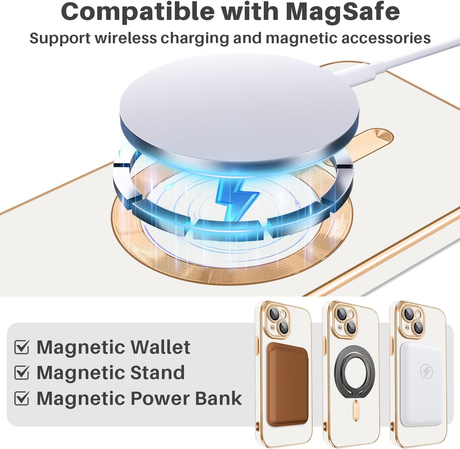 Dinick Designed for iPhone 13 Case with Magnetic [Built-in Camera Cover] Compatible with MagSafe Soft TPU Glitter Cover Anti-Scratch Protective Slim for iPhone 13 Case White and Gold - Image 2