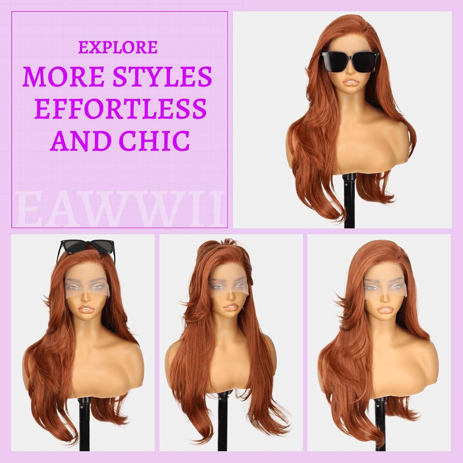 Eawwii 13x4 HD Lace Front Glueless Wigs for Women Ginger Long Layered Overnight Curls Wave Wig Natural Hairline Heat Resistant Synthetic for Daily Use Beginner Friendly 26 Inch