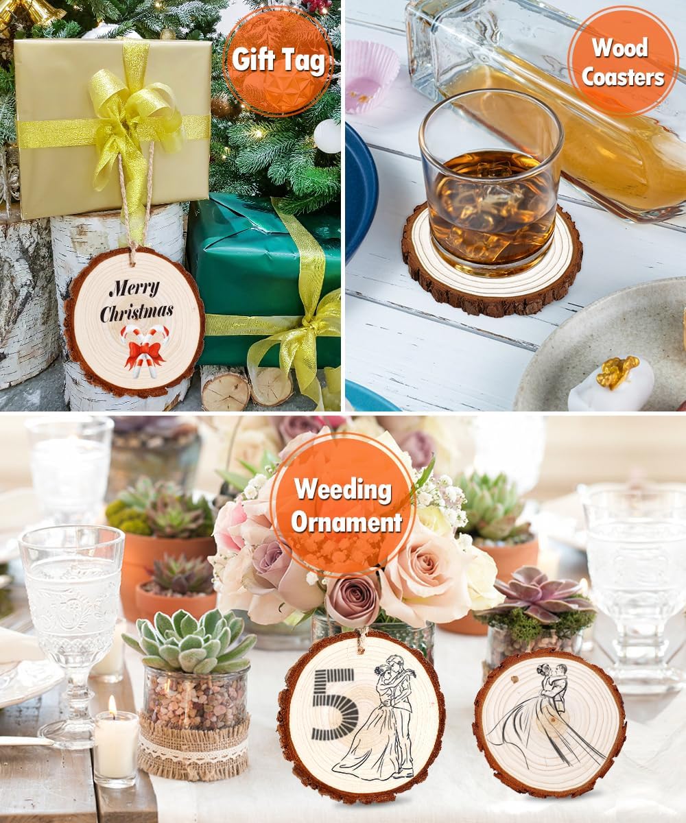 wohohoho 32pcs 3.2-3.6 inches Natural Wood Slices, Unfinished Craft Wood Kit Predrilled with Hole Thickened Wooden Circles with Bark for DIY Ornaments Christmas Wedding Decorations Wood Coasters Tags - Image 7