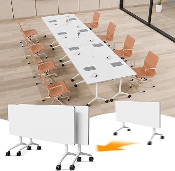 Modular Foldable Conference Table, 2 Pack 70.8" Mobile Meeting Tables Flip Top Training Table Rectangular Folding Conference Room Tables on Wheels for Office, ClassroomWhite