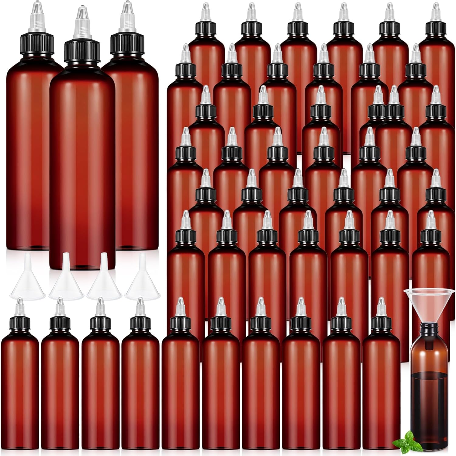 Barydat 36 Pcs 8 oz Squeeze Bottle Twist Top Applicator Bottles Empty Hair Oil Bottle with Funnels Refillable Amber Plastic Bottles for Liquid Hair Oil Shampoo Lotion