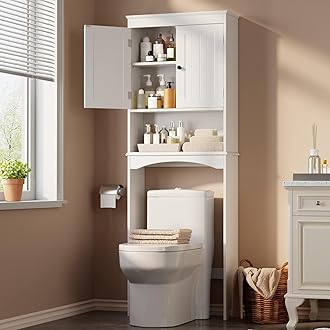 Over The Toilet Storage Cabinet with Adjustable Shelf and Double Doors, Bathroom Space Saver Organizer Above Toilet with Open Shelf, Taller Wooden Free Standing Toilet Rack -White