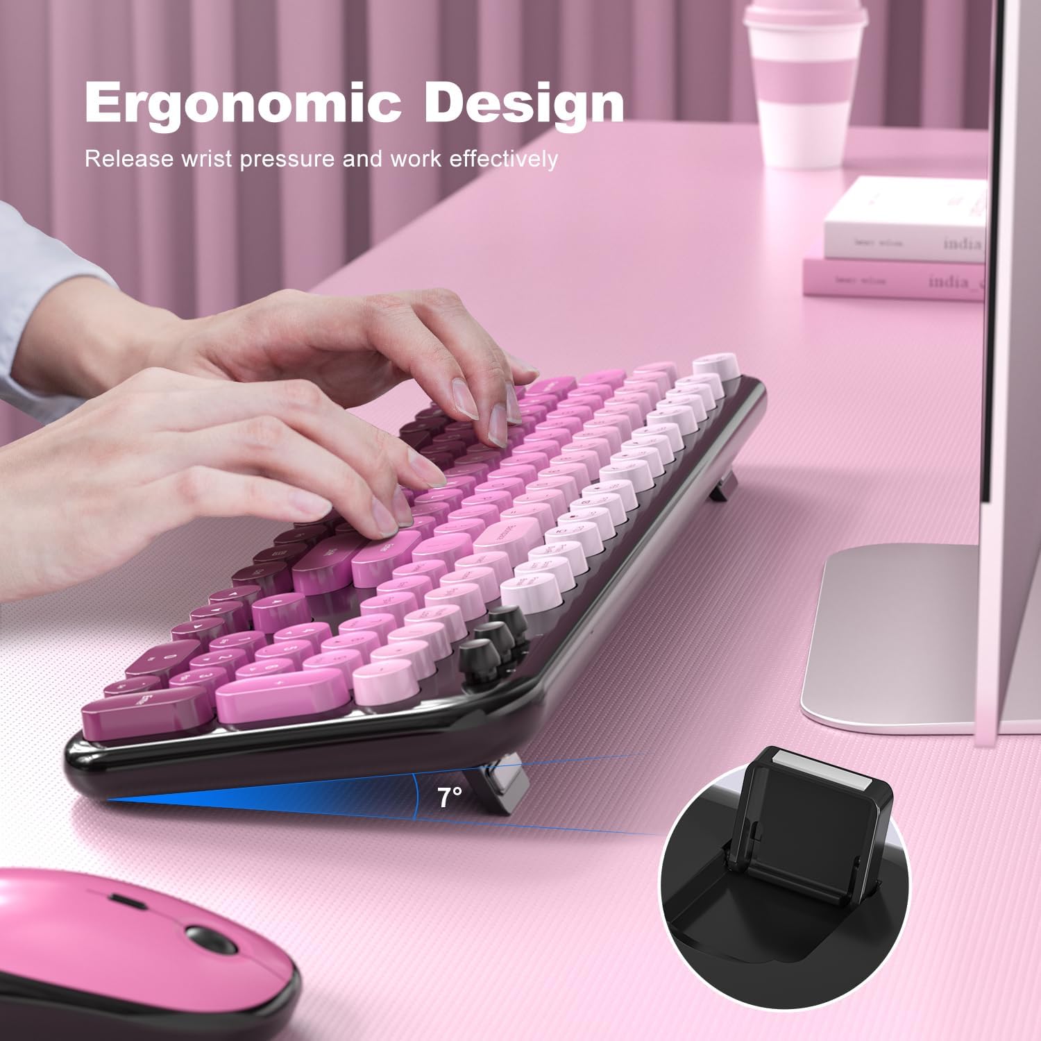 MOFII Wireless Keyboard and Mouse Combo, Cute Keyboard Full Size and Wireless Mouse, 2.4GHz Retro Typewriter Keyboard Mouse Set for PC/Desktop/Laptop/Windows (Black Pink)