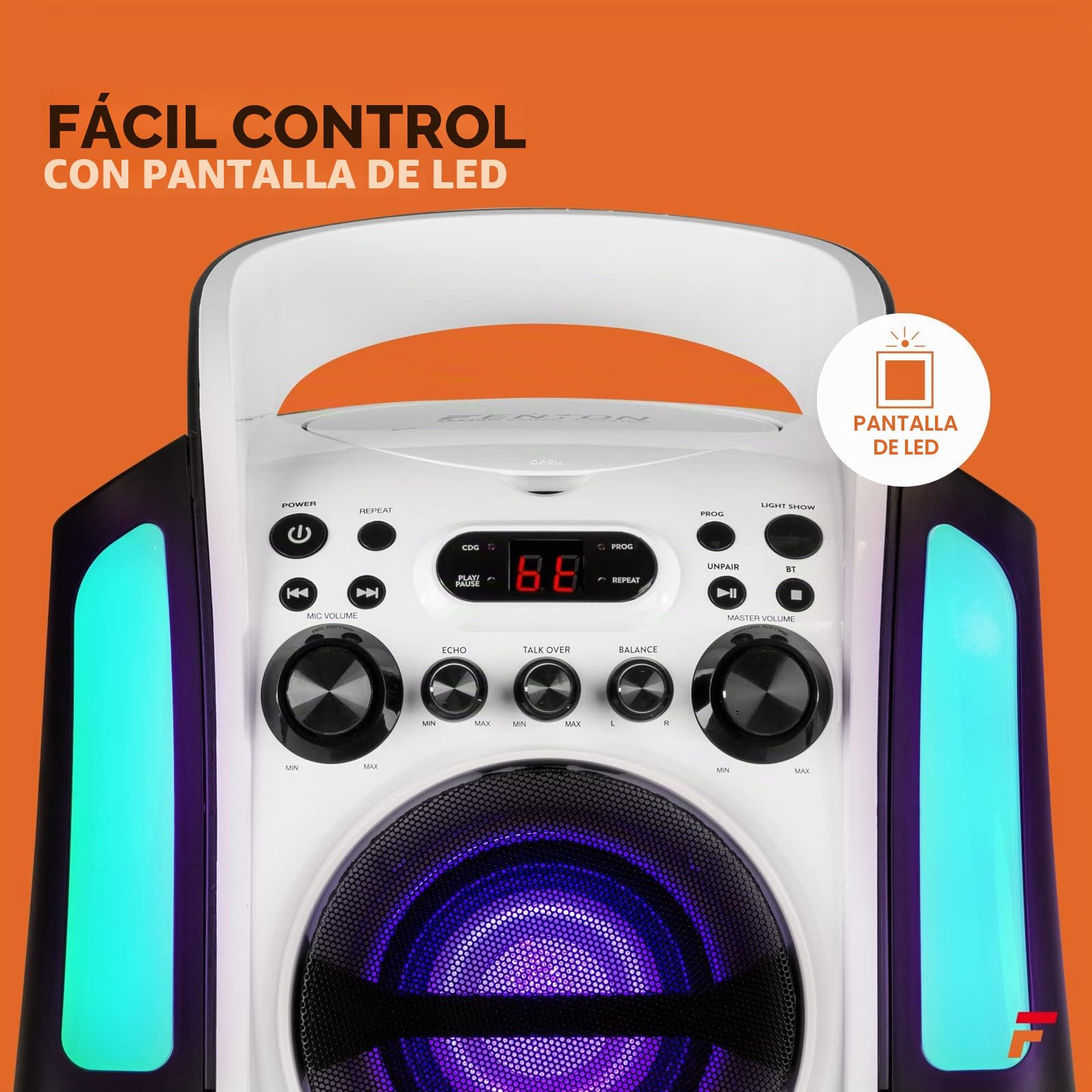 Fenton SBS30W – Altavoz karaoke bluetooth con lector CD+G, USB, 2 micrófonos con cable, salida video RCA, altavoz portátil con luces LED, karaoke machine con AUX y reproducción MP3, color blanco