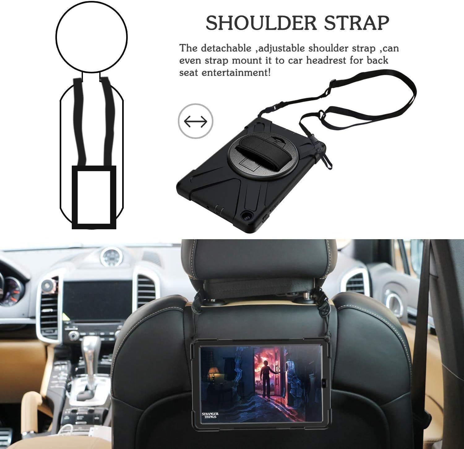 Samsung Galaxy Tab A 10.1 Case 2019,SM-T515/T510 Case with Hand Strap,Herize Heavy Duty Full-Body Rugged Protective Shockproof Case Cover W/ 360 Degree Rotatable Stand,Shoulder Strap for Kids,Black