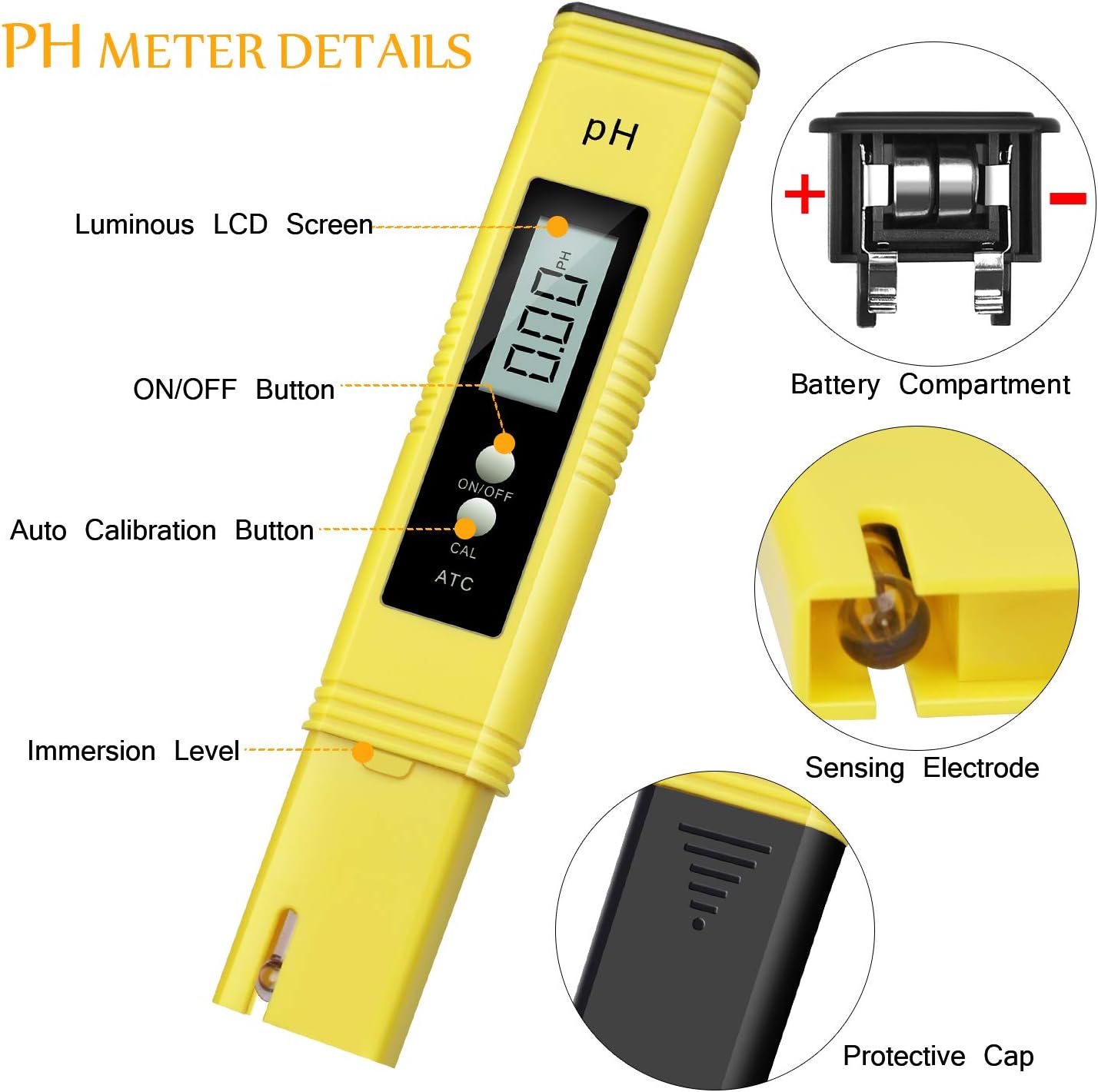 Digital PH Meter, PH Meter 0.01 PH High Accuracy Water Quality Tester with 0-14 PH Measurement Range for Household Drinking, Pool and Aquarium Water PH Tester Design with ATC (yellow)