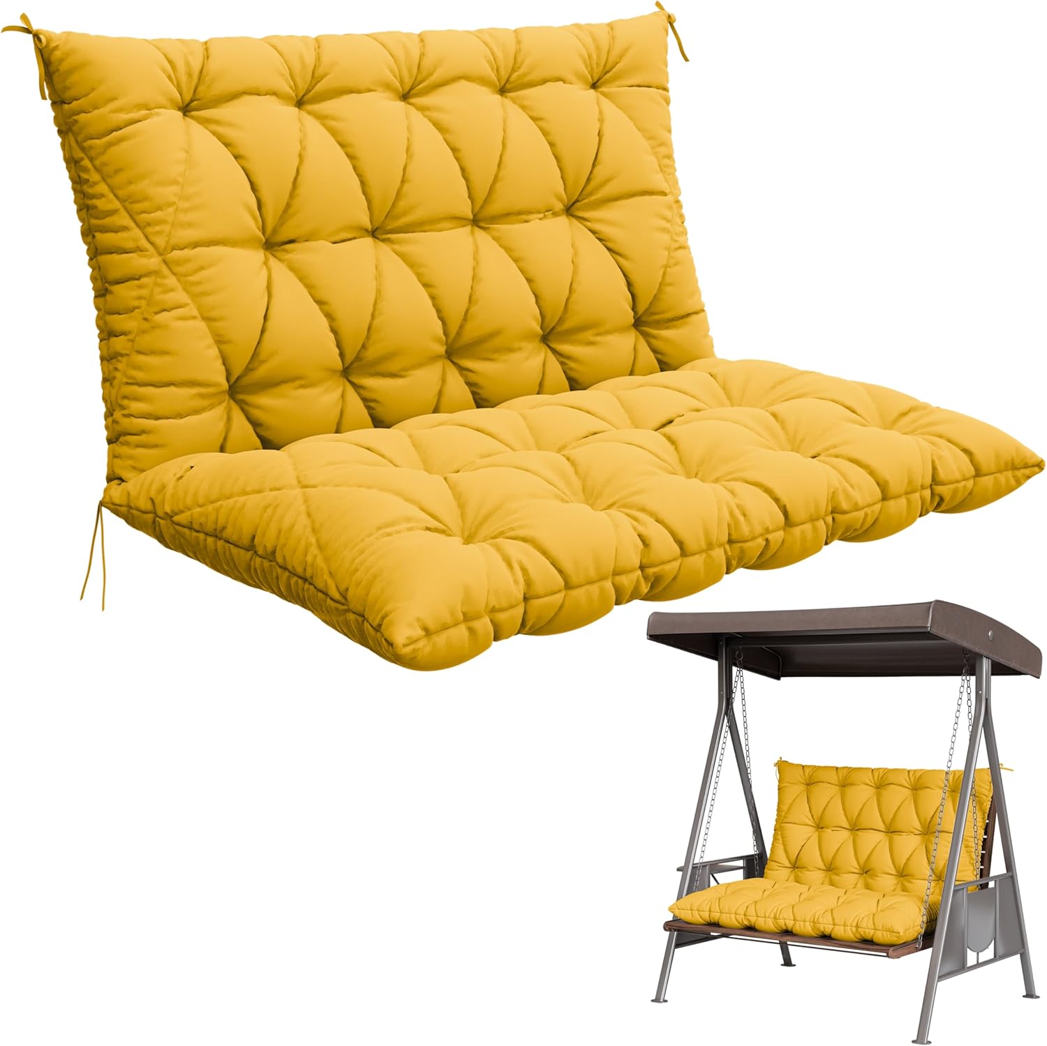 Porch Swing Cushion with Backrest,Waterproof Bench Cushion for Outdoor Furniture,2-3 Seater Replacement Thickened 5 in swing cushion,with Ties,Patio,Outdoor,Backyard and Garden (Yellow,47x40 in)