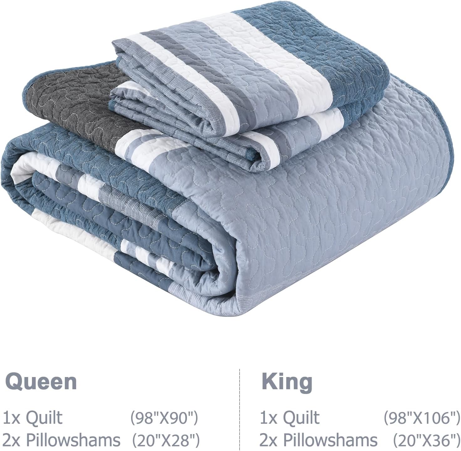 Finlonte Quilt Set King Size, 100% Cotton King Quilt Bedding Set, Modern Striped Bedspread Lightweight Quilted Comforter for King Bed, Blue/White, All Season, 3 Pieces - Image 5