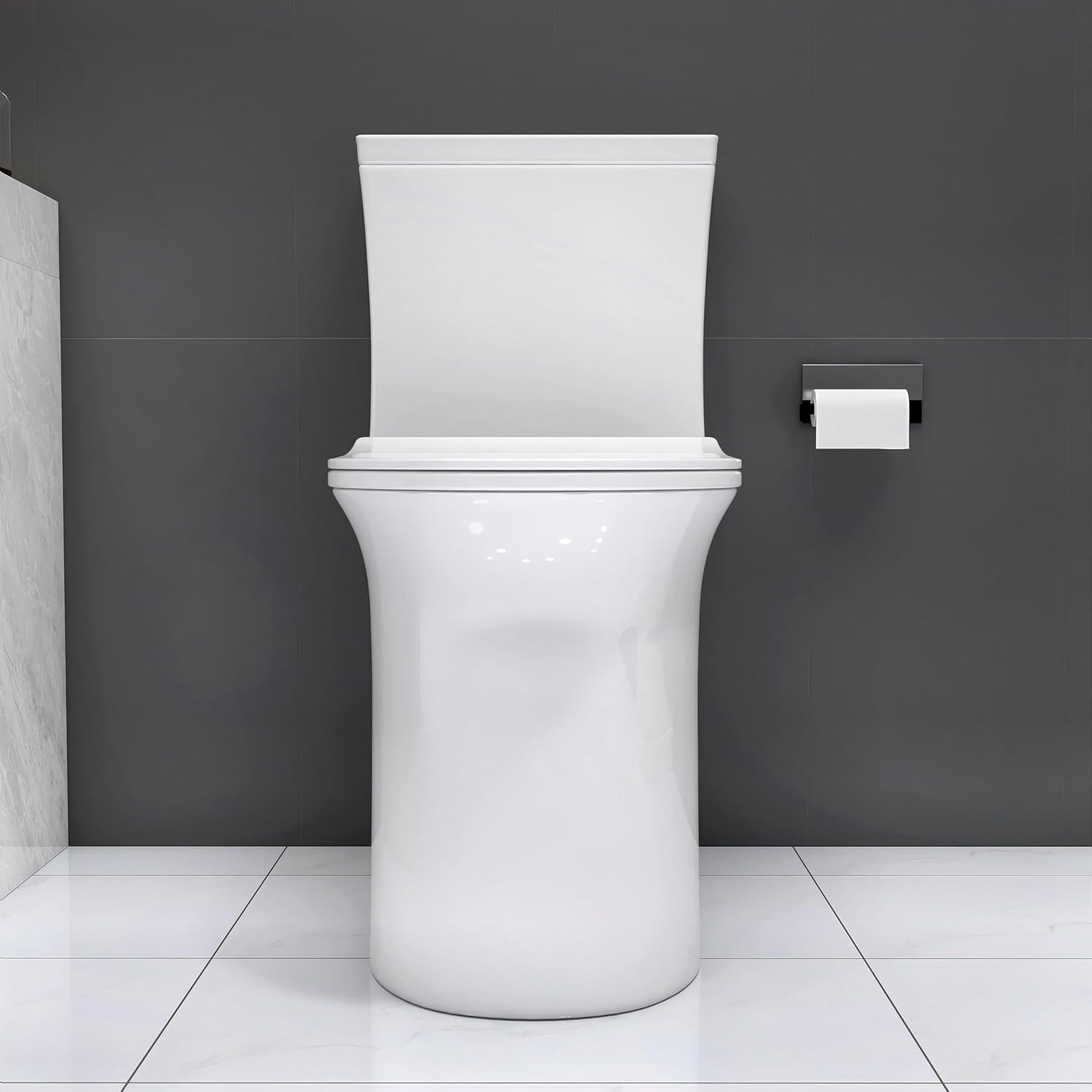 12"Rough-in Tall One Piece Elongated Toilet 1.1/1.6 GPF 3-in Dual Flush 18.5 inches Comfortable Tall Bowl UF Soft Closing Seat,Glossy Ceramic White.
