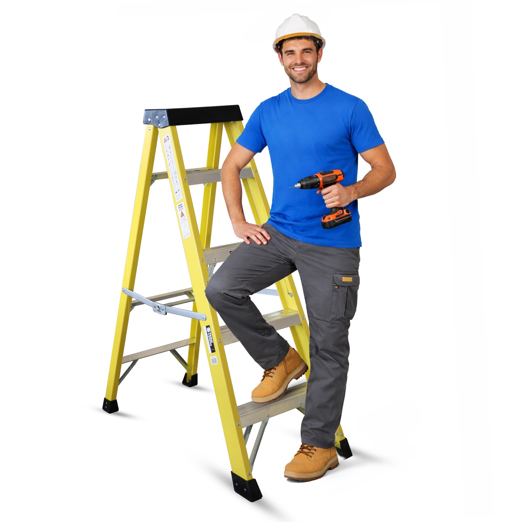 Fibreglass Step Ladder – Heavy Duty GRP Non-Conductive EN131 Certified | Electricians Safety Step Ladder for Trade & DIY Use (Yellow, 6)