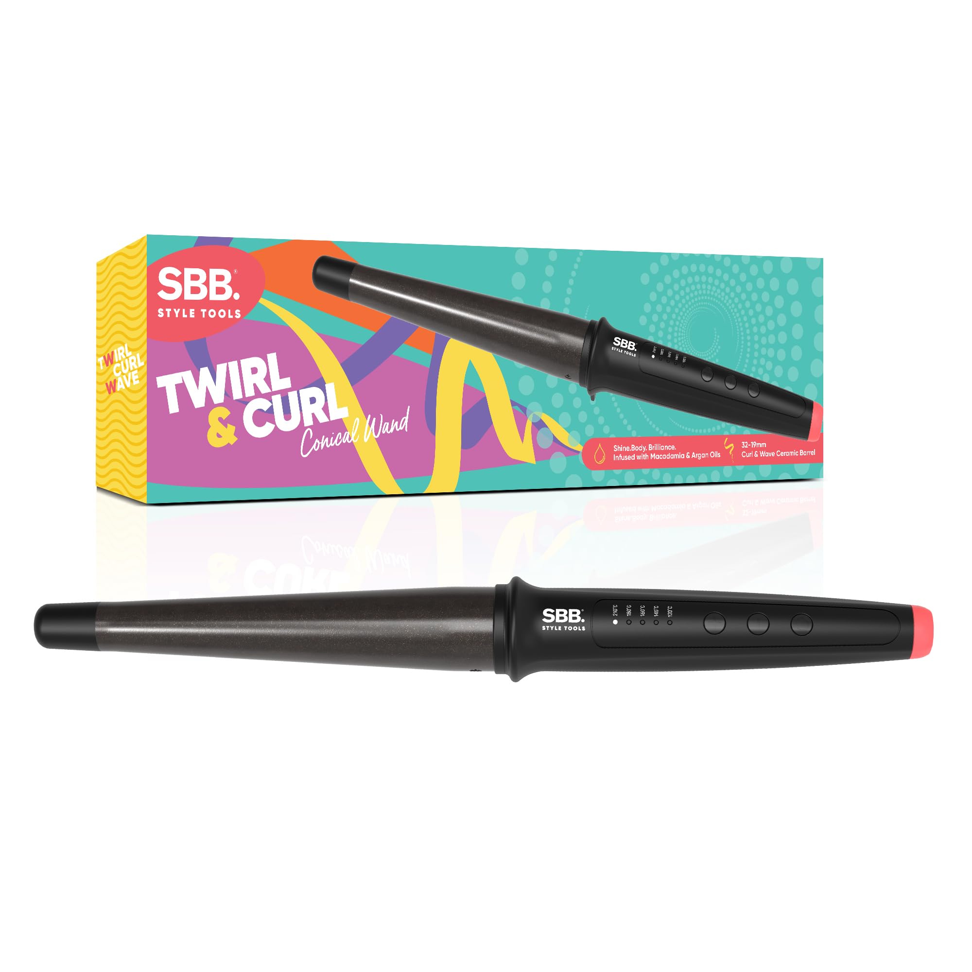 SBB Twirl & Curl Conical Hair Curling Wand for All Hair Types, Lightweight, Ceramic Conical Barrel Infused with Macadamia and Argan Oil, Variable Heat Options, with Heat-Resistant Glove