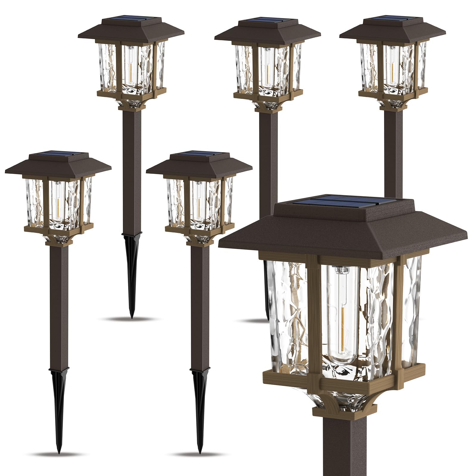 XMCOSY+ Solarleuchten für den Außenbereich, wasserdicht, 2 Farben, Bronze und Holz, 15 lm, LED, automatisches Ein-/Ausschalten, Glas, Outdoor-Solarleuchten für Garten, Weg, Gehweg, Auffahrt, 6 Stück